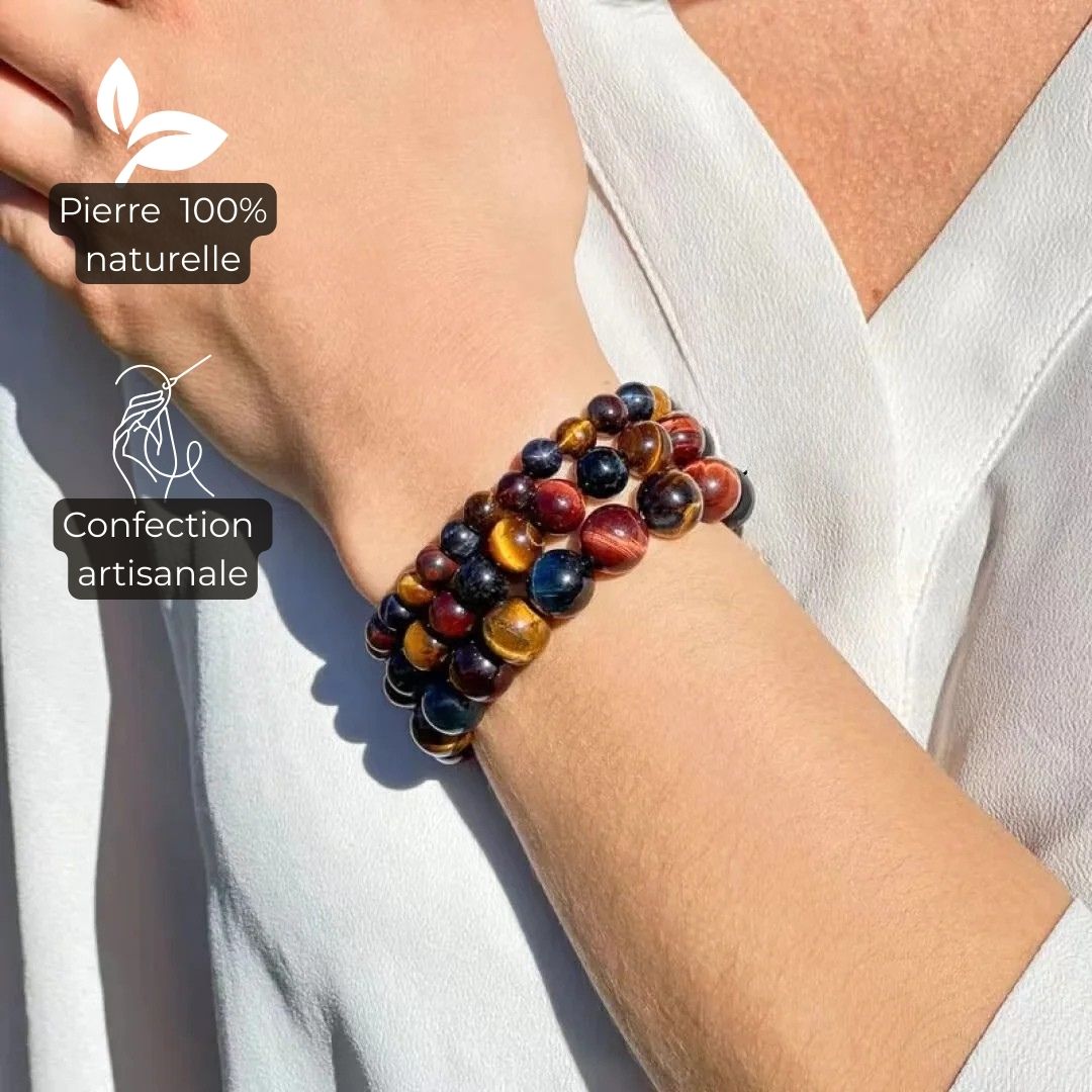 Bracelet Triple Protection – Œil de Tigre, Faucon & Taureau